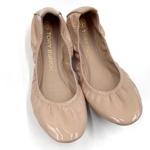 NEW Tory Burch Eddie Ballet Flats Patent Leather Goan Sand Elastic Edge Sz 8